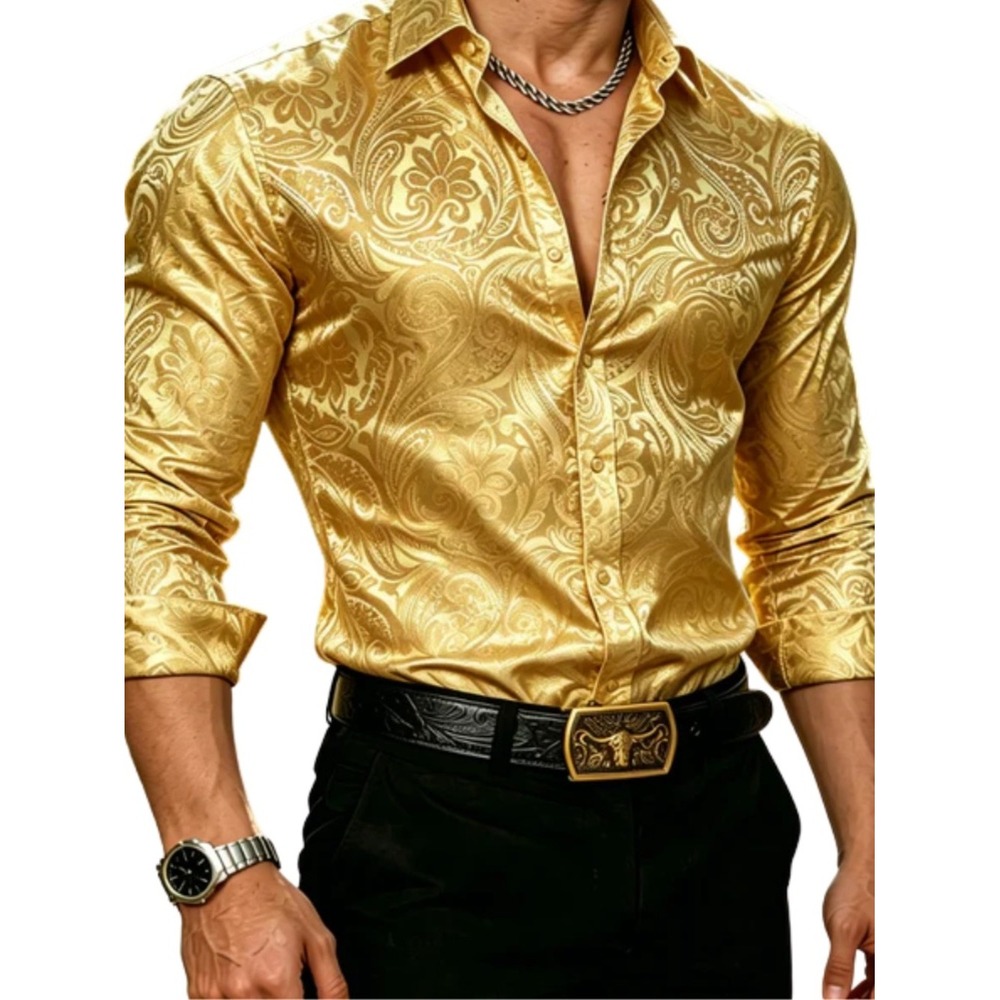 Barry Wang Med gold paisley silk dress shirt long sleeve party festive